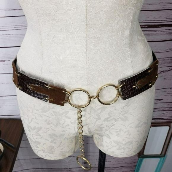 Brown Leather Gold Hoop Hook Closure Statement Belt ‎ Cosplay - Picture 2 of 11